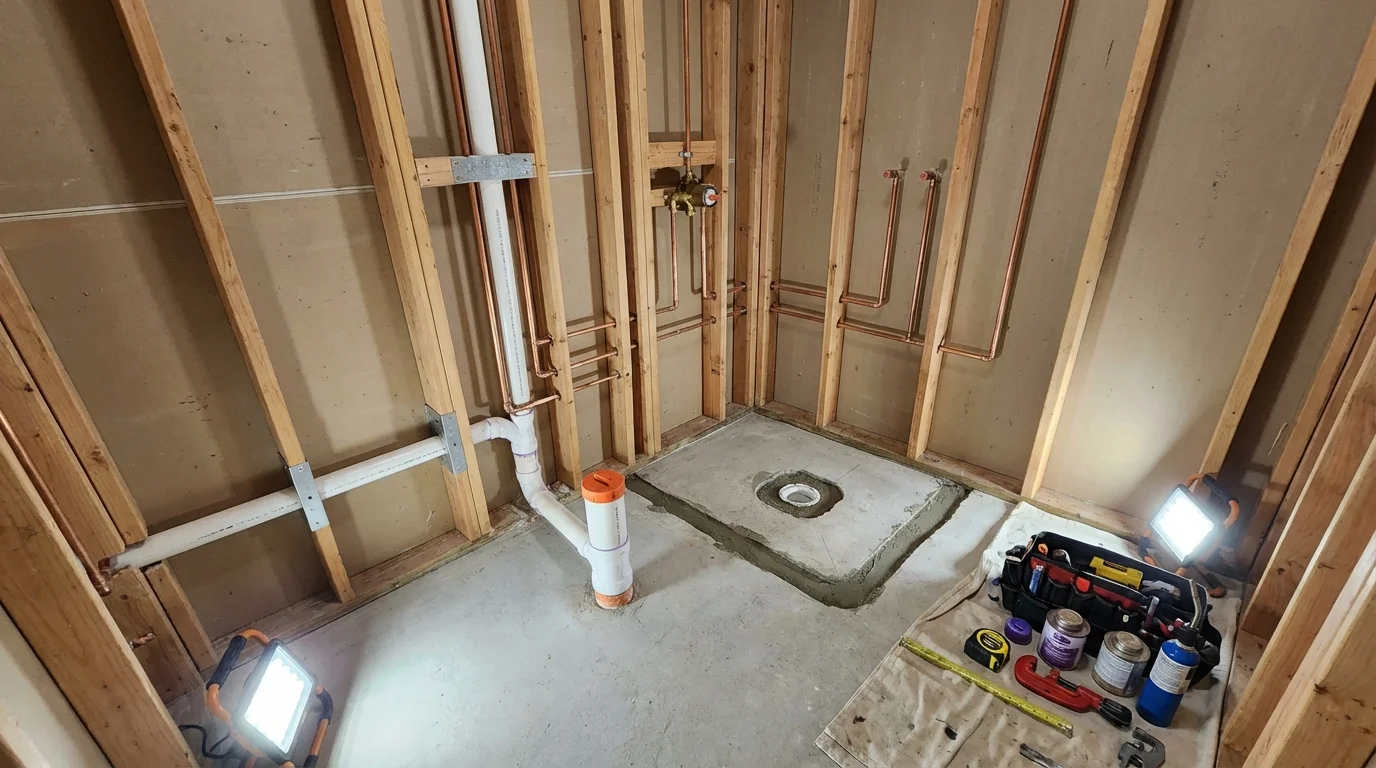 Bathroom rough-in plumbing during remodel by Johns Plumbing LLC in Platteville