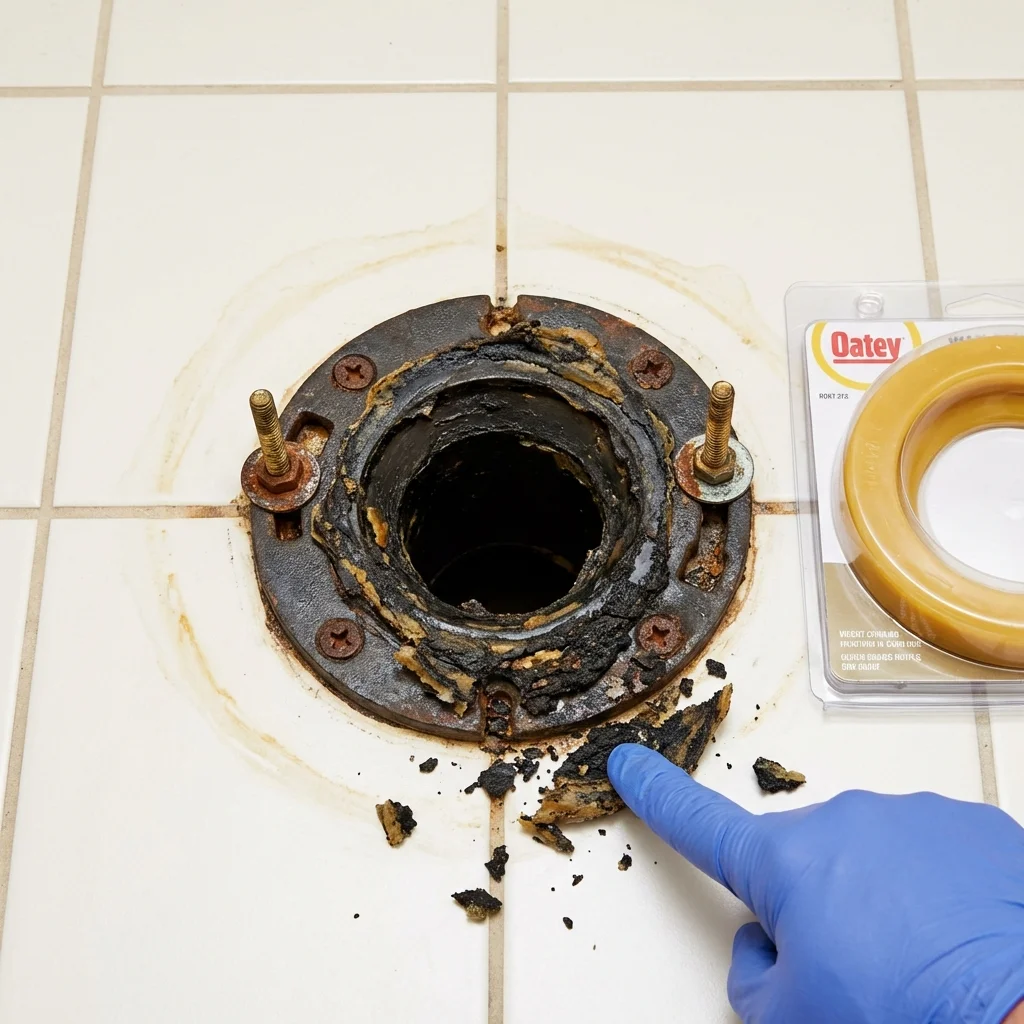 Failed wax ring showing water seepage at the base of a toilet in a Platteville, CO home