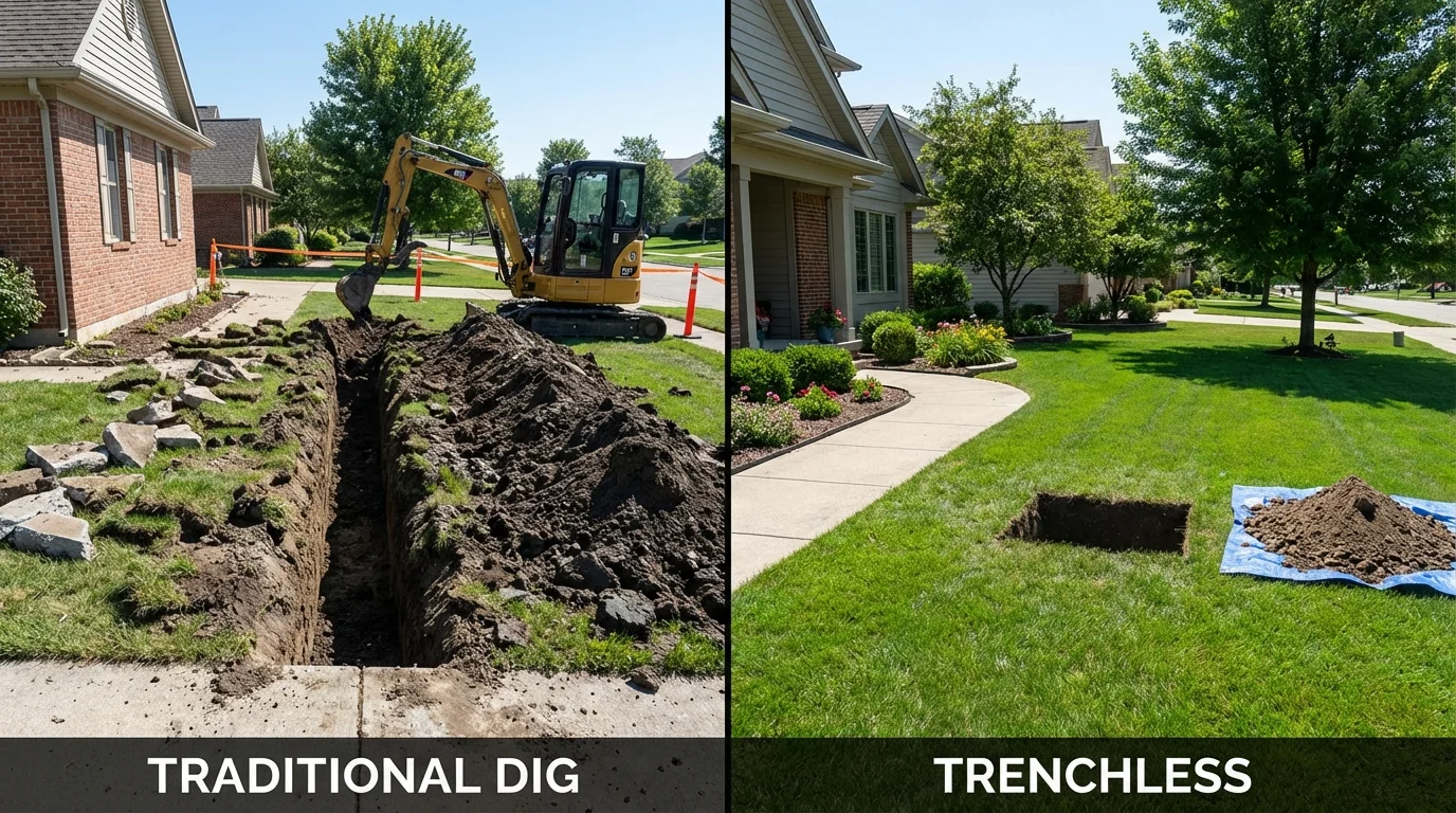 Trenchless sewer repair with minimal yard damage versus traditional excavation in Platteville, CO