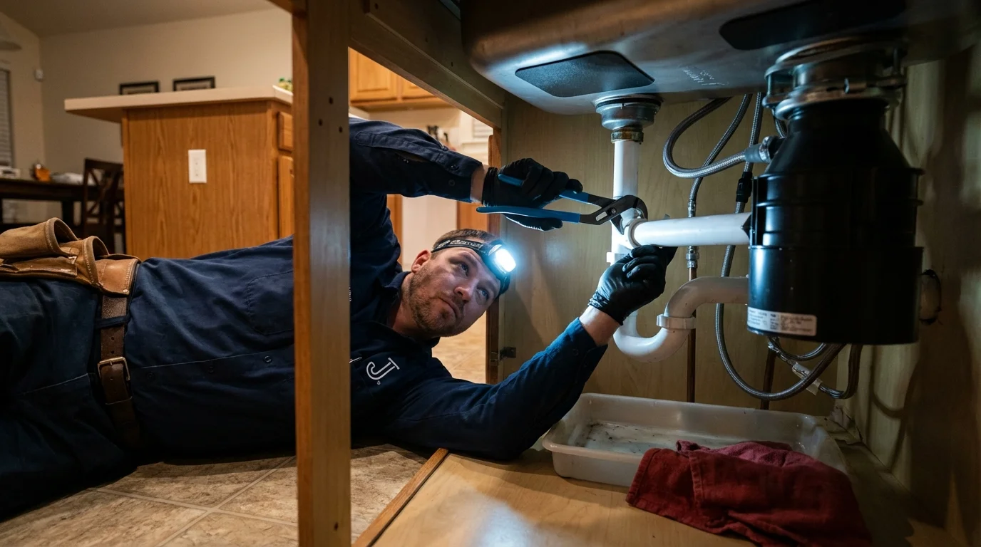 P-trap and supply line connections under a kitchen sink showing a common leak point in Platteville, CO